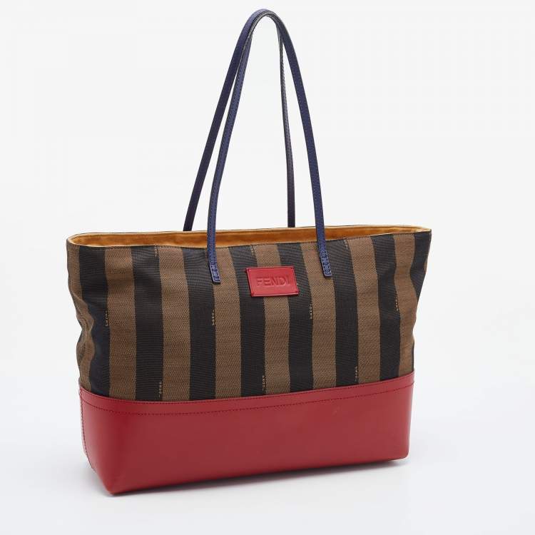 Pre Owned Fendi Tobacco/Red Pequin Striped Canvas and Leather Roll Shopper Tote