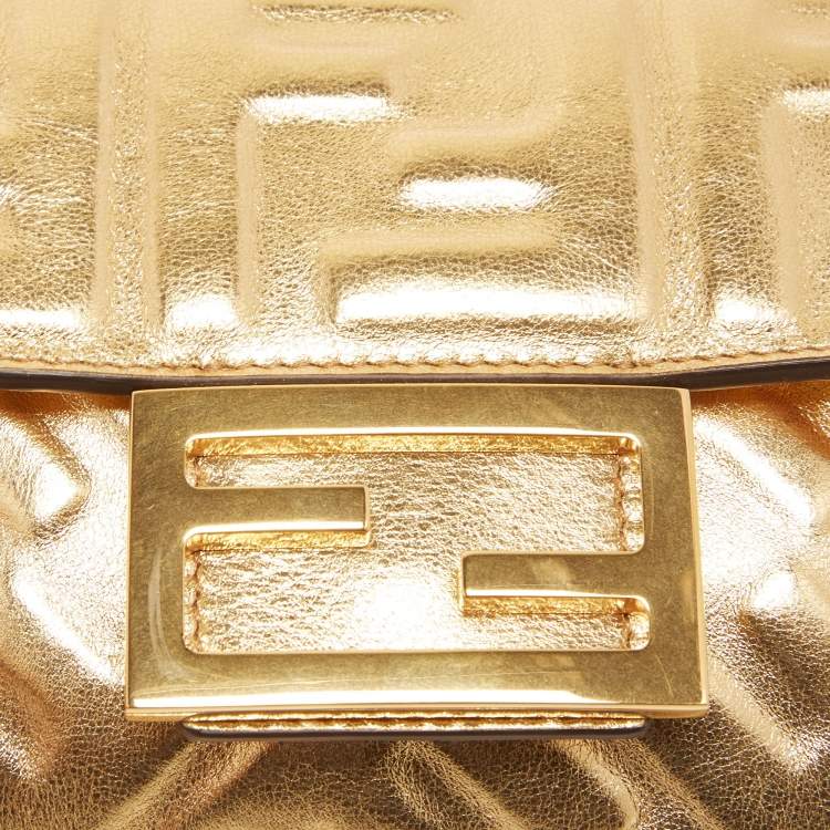 Pre Owned Fendi Gold FF Leather Mini Baguette Bag