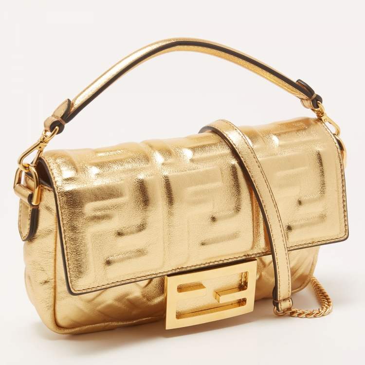 Pre Owned Fendi Gold FF Leather Mini Baguette Bag