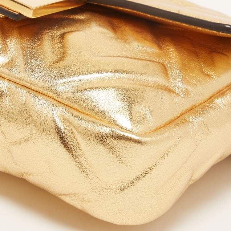 Pre Owned Fendi Gold FF Leather Mini Baguette Bag