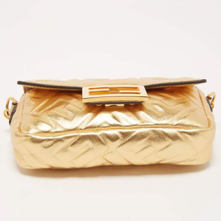Pre Owned Fendi Gold FF Leather Mini Baguette Bag