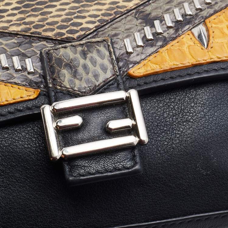 Pre Owned Fendi Multicolor Leather and Watersnake Leather Monster Micro Double Baguette Bag