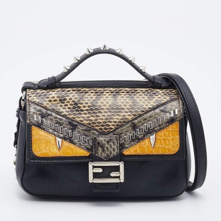 Pre Owned Fendi Multicolor Leather and Watersnake Leather Monster Micro Double Baguette Bag
