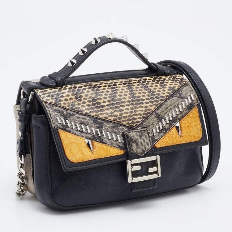 Pre Owned Fendi Multicolor Leather and Watersnake Leather Monster Micro Double Baguette Bag