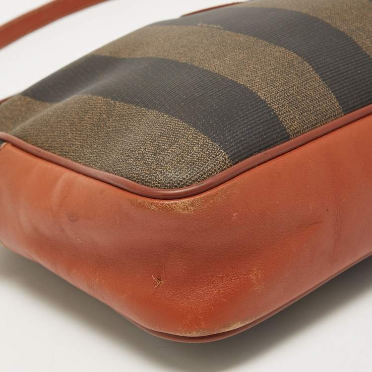 Pre Owned Fendi Brown Pequin Stripe Coated Canvas and Leather Crossbody Bag