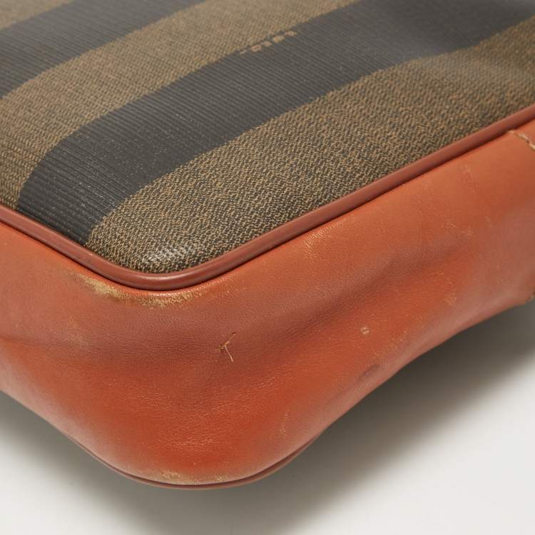 Pre Owned Fendi Brown Pequin Stripe Coated Canvas and Leather Crossbody Bag