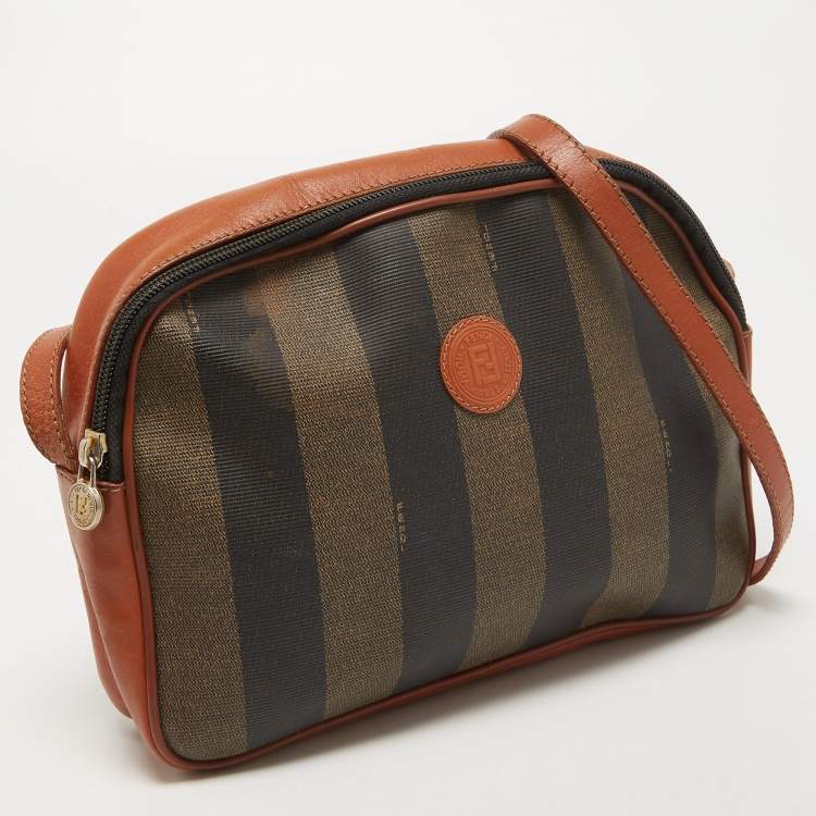 Pre Owned Fendi Brown Pequin Stripe Coated Canvas and Leather Crossbody Bag