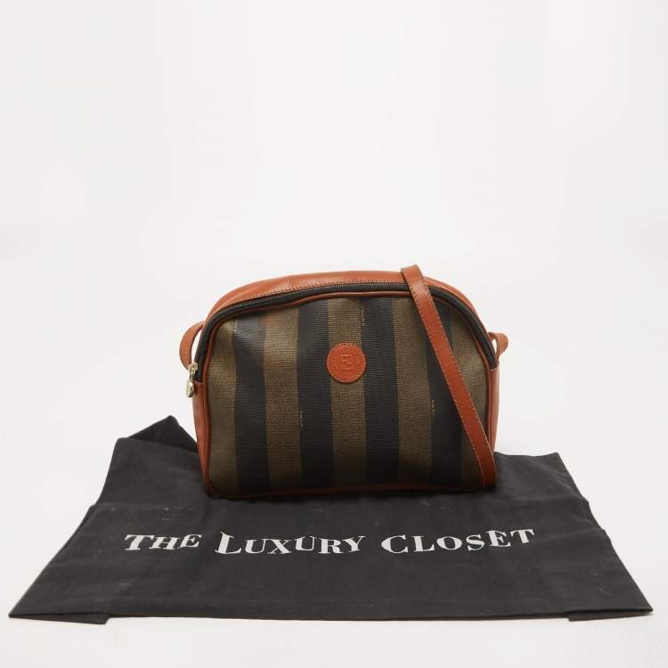 Pre Owned Fendi Brown Pequin Stripe Coated Canvas and Leather Crossbody Bag