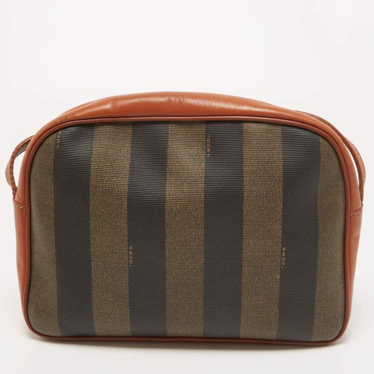 Pre Owned Fendi Brown Pequin Stripe Coated Canvas and Leather Crossbody Bag