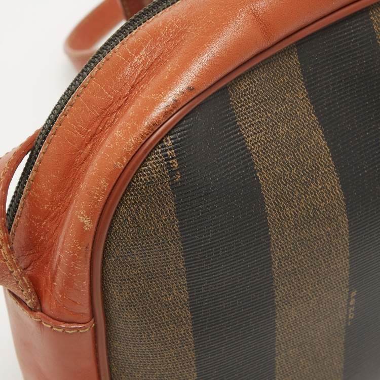 Pre Owned Fendi Brown Pequin Stripe Coated Canvas and Leather Crossbody Bag