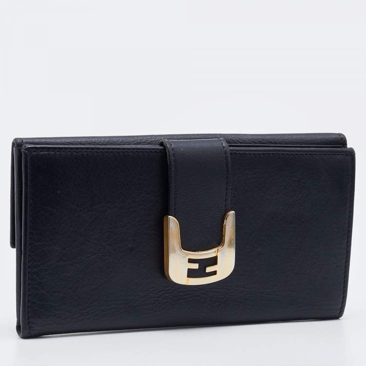 Pre Owned Fendi Black Leather Flap Continental Wallet