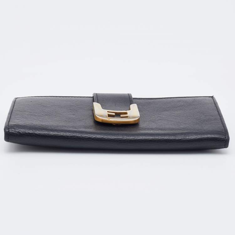 Pre Owned Fendi Black Leather Flap Continental Wallet