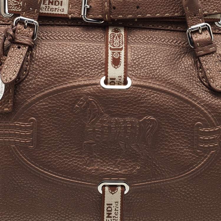Pre Owned Fendi Bronze Romano Selleria Leather Large Villa Borghese Tote 