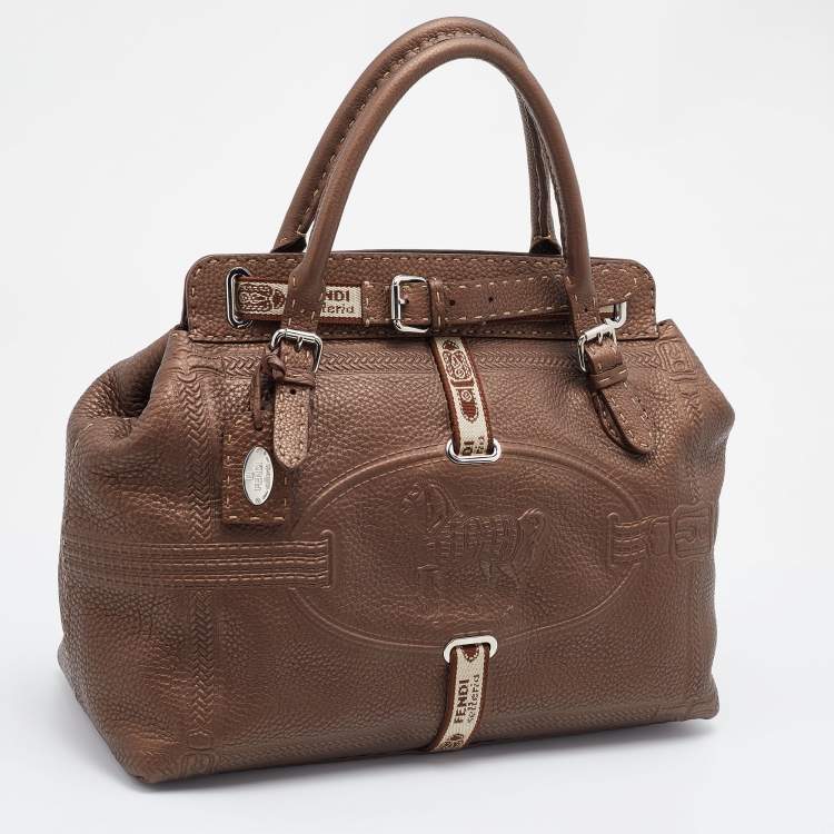 Pre Owned Fendi Bronze Romano Selleria Leather Large Villa Borghese Tote 