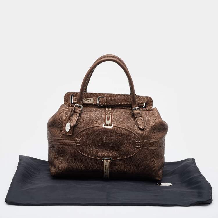 Pre Owned Fendi Bronze Romano Selleria Leather Large Villa Borghese Tote 