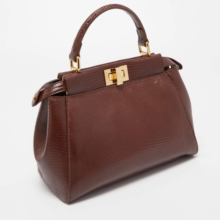 Pre Owned Fendi Brown Lizard Mini Peekaboo Top Handle Bag