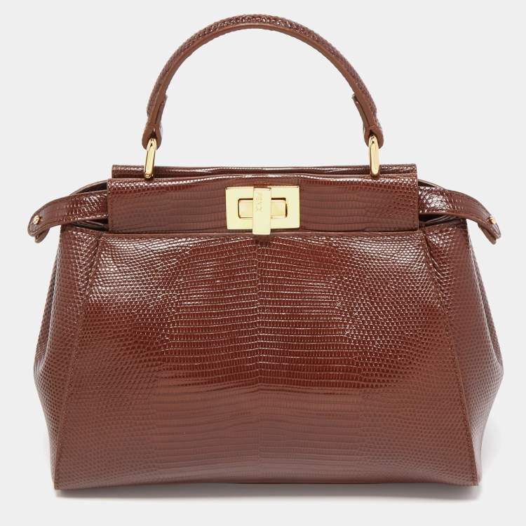 Pre Owned Fendi Brown Lizard Mini Peekaboo Top Handle Bag