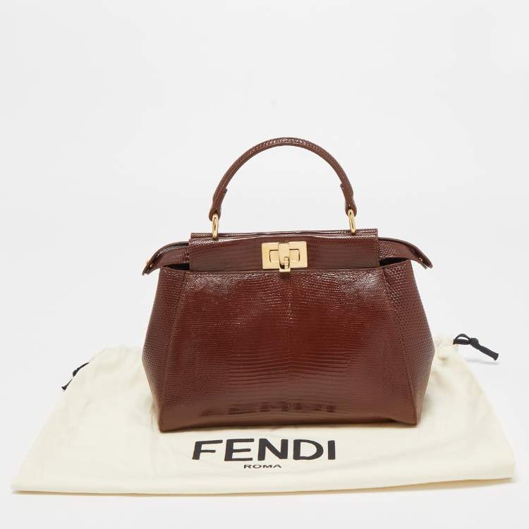 Pre Owned Fendi Brown Lizard Mini Peekaboo Top Handle Bag