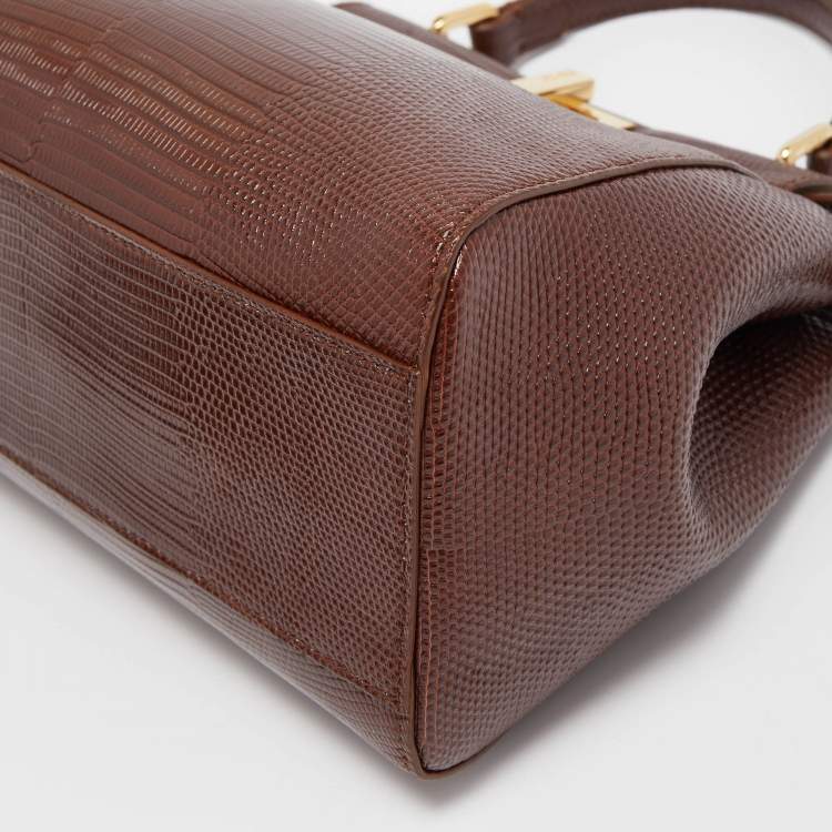 Pre Owned Fendi Brown Lizard Mini Peekaboo Top Handle Bag