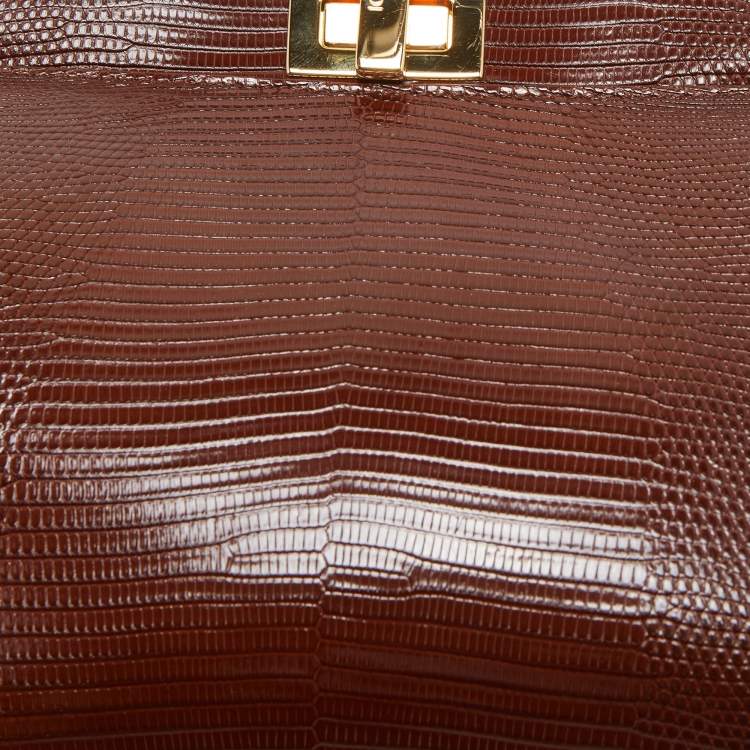 Pre Owned Fendi Brown Lizard Mini Peekaboo Top Handle Bag