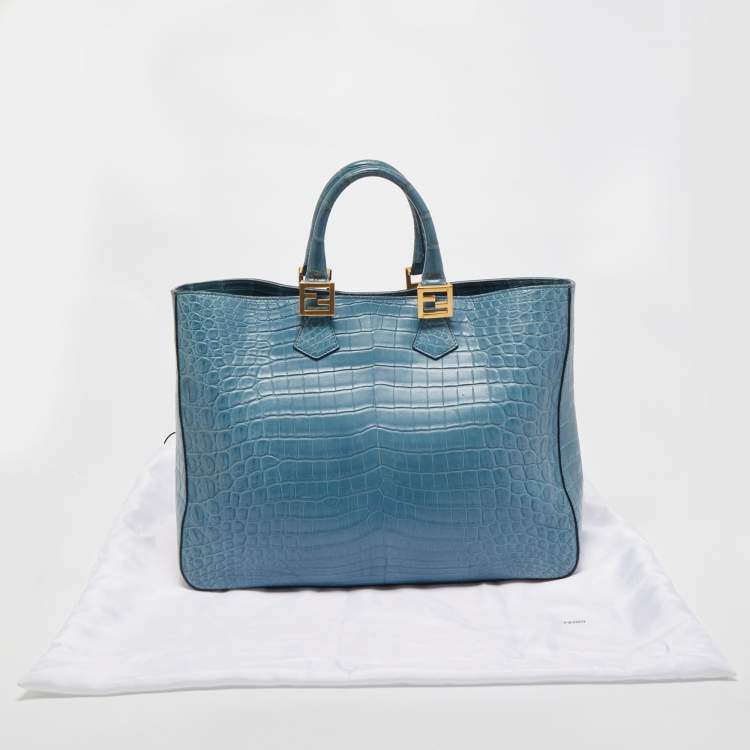 Pre Owned Fendi Blue Crocodile Twins Shopper Tote