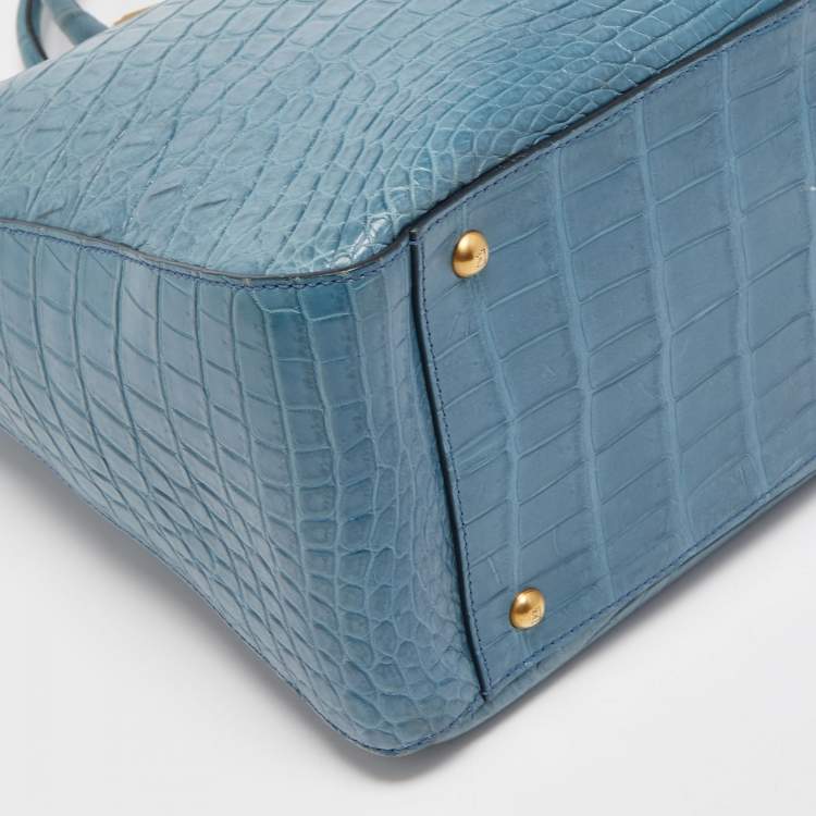Pre Owned Fendi Blue Crocodile Twins Shopper Tote