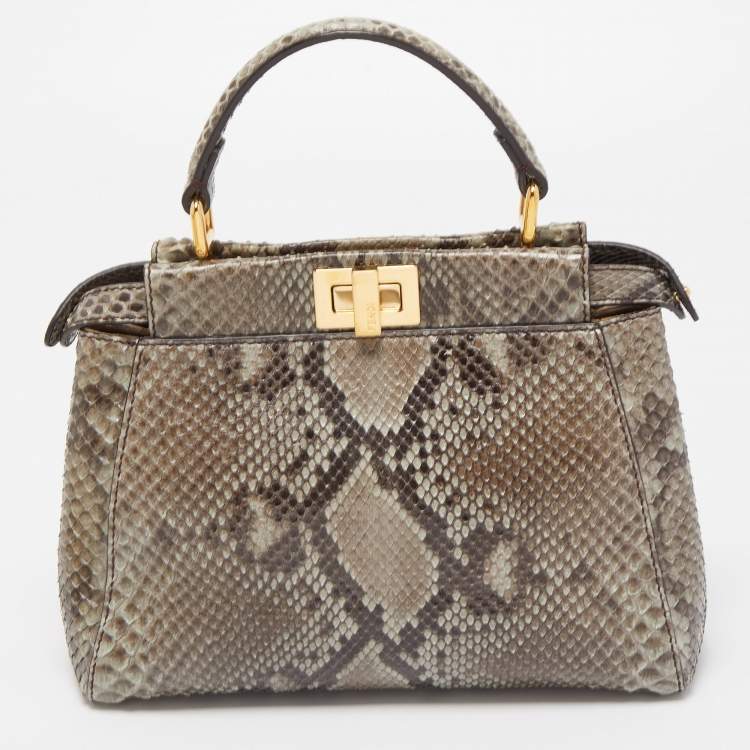 Pre Owned Fendi Green/Grey Python Leather Mini Peekaboo Top Handle Bag