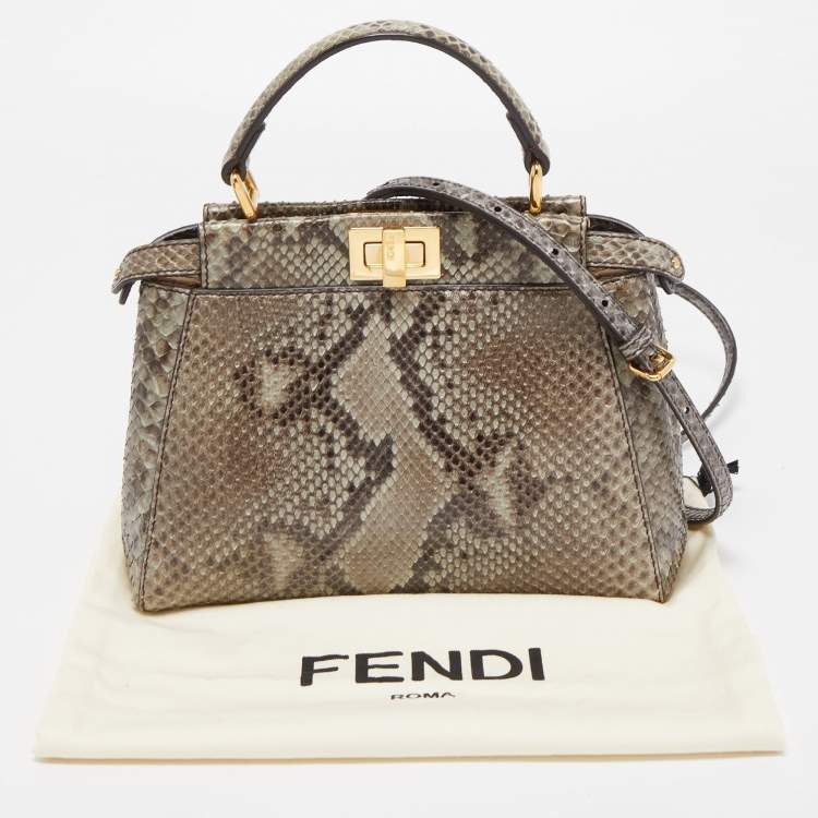 Pre Owned Fendi Green/Grey Python Leather Mini Peekaboo Top Handle Bag
