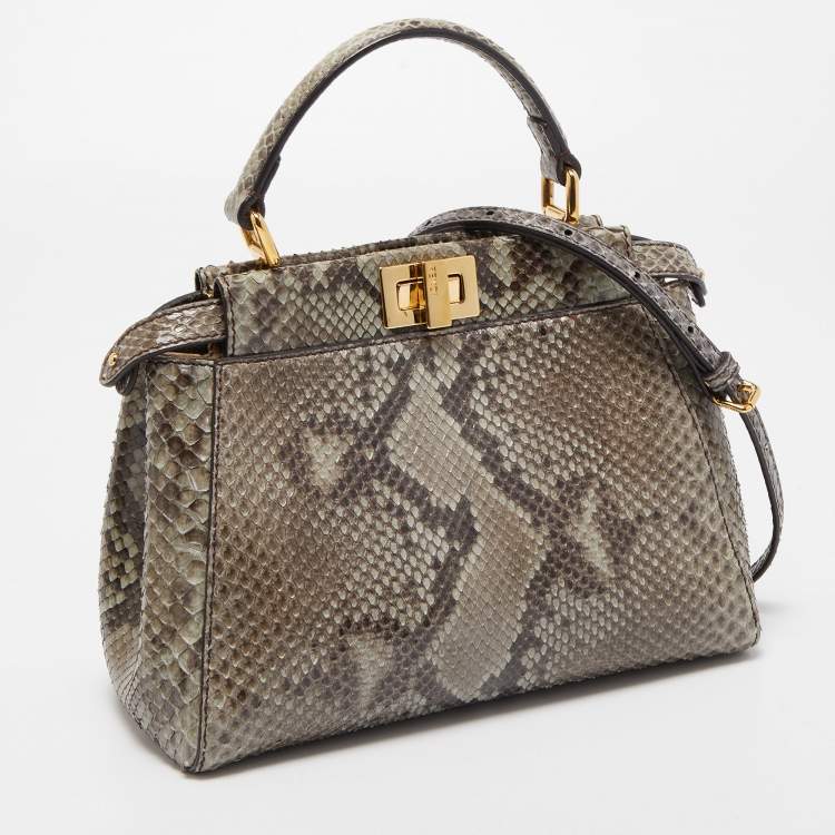 Pre Owned Fendi Green/Grey Python Leather Mini Peekaboo Top Handle Bag