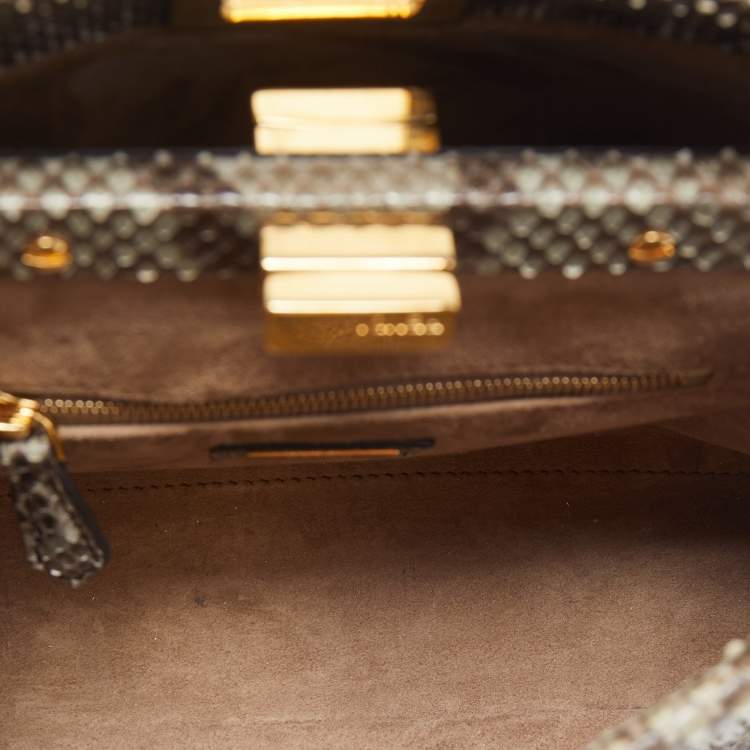 Pre Owned Fendi Green/Grey Python Leather Mini Peekaboo Top Handle Bag