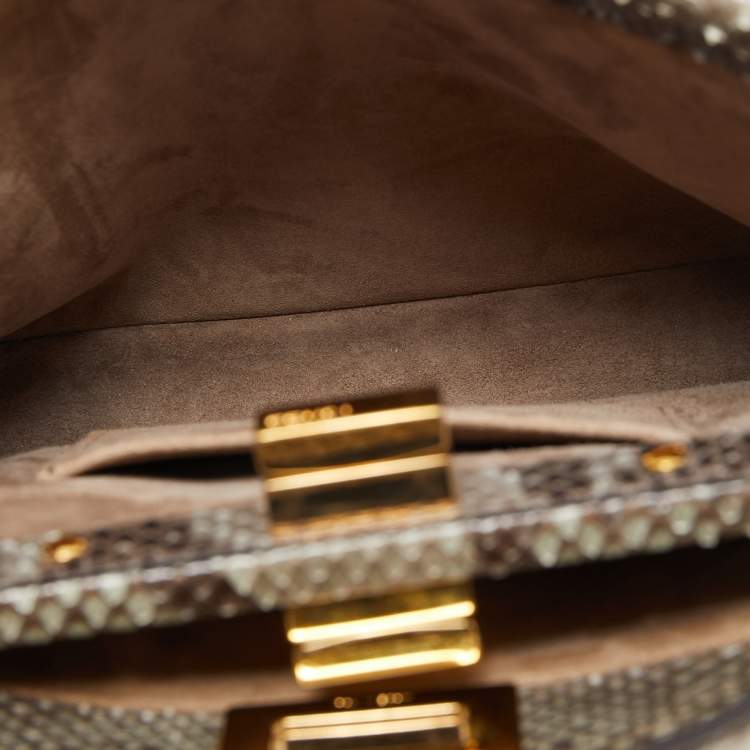 Pre Owned Fendi Green/Grey Python Leather Mini Peekaboo Top Handle Bag