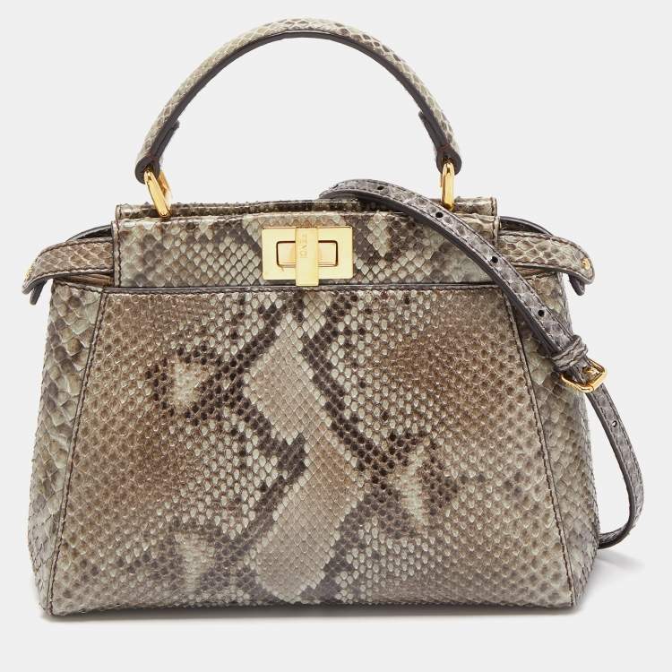 Pre Owned Fendi Green/Grey Python Leather Mini Peekaboo Top Handle Bag