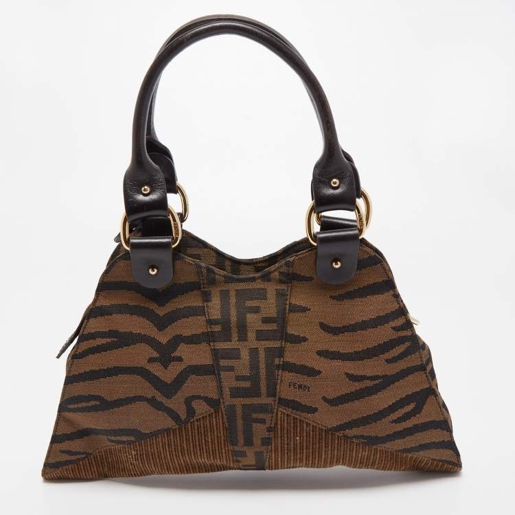 Pre Owned Fendi Brown Zucca/Tiger Print Canvas and Corduroy Devil Trapezio Shoulder Bag