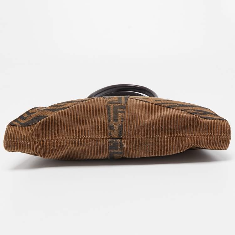 Pre Owned Fendi Brown Zucca/Tiger Print Canvas and Corduroy Devil Trapezio Shoulder Bag