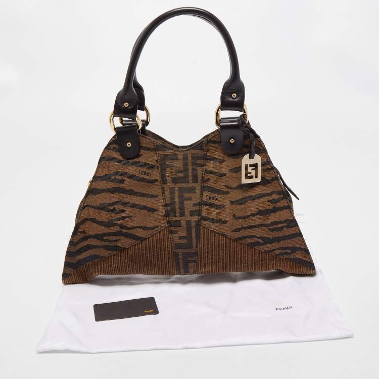 Pre Owned Fendi Brown Zucca/Tiger Print Canvas and Corduroy Devil Trapezio Shoulder Bag