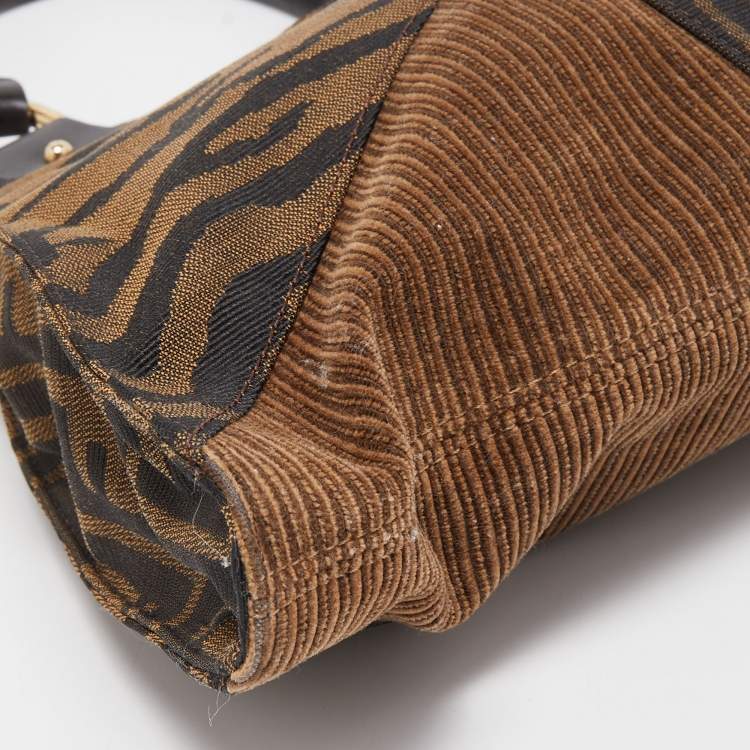 Pre Owned Fendi Brown Zucca/Tiger Print Canvas and Corduroy Devil Trapezio Shoulder Bag