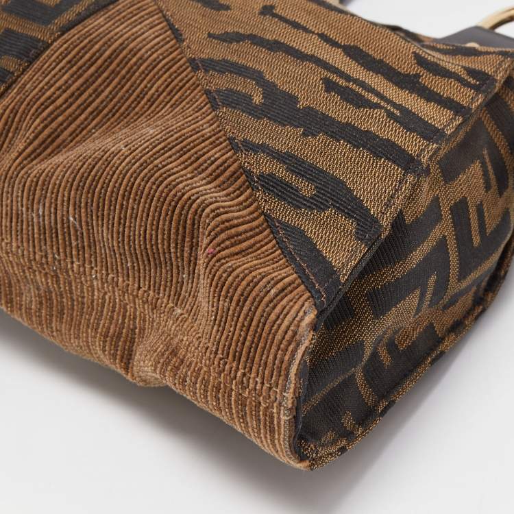 Pre Owned Fendi Brown Zucca/Tiger Print Canvas and Corduroy Devil Trapezio Shoulder Bag