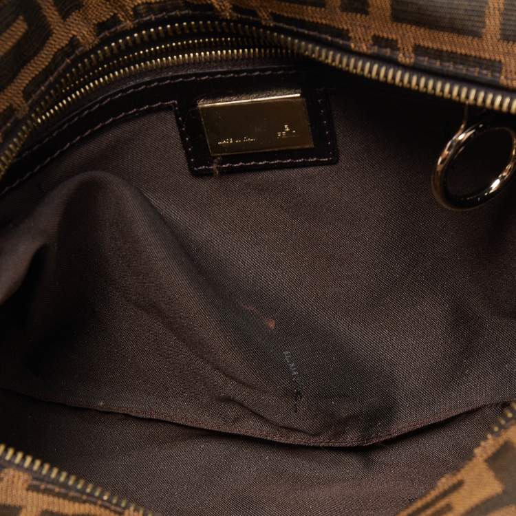Pre Owned Fendi Brown Zucca/Tiger Print Canvas and Corduroy Devil Trapezio Shoulder Bag