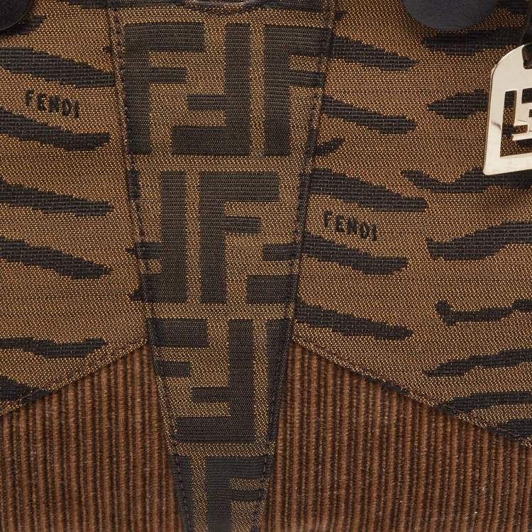 Pre Owned Fendi Brown Zucca/Tiger Print Canvas and Corduroy Devil Trapezio Shoulder Bag