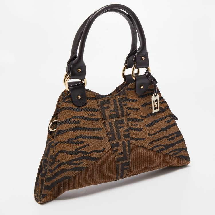 Pre Owned Fendi Brown Zucca/Tiger Print Canvas and Corduroy Devil Trapezio Shoulder Bag