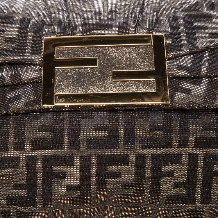 Pre Owned Fendi Gold/Silver Zucca Shimmering Canvas Large Mia Flap Shoulder Bag