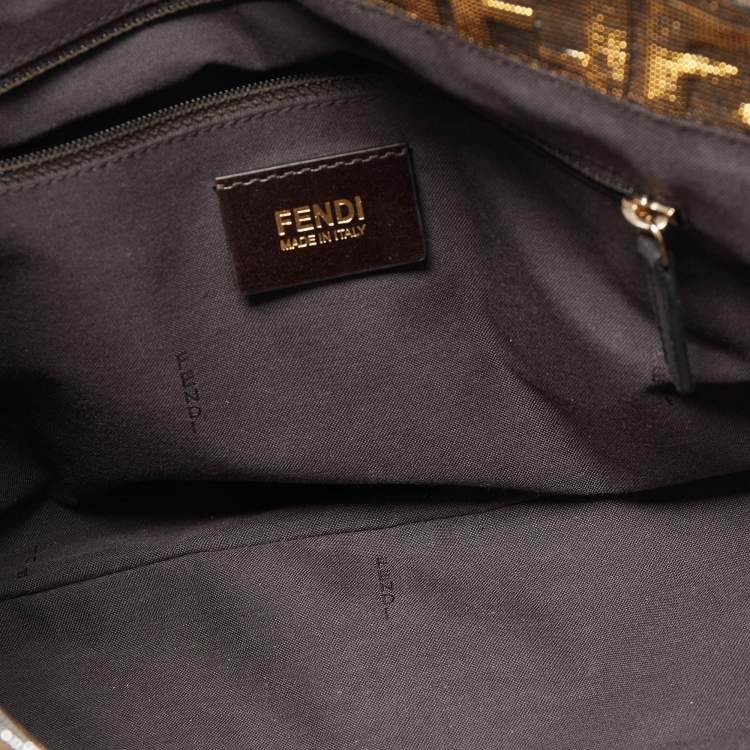 Pre Owned Fendi Gold/Silver Zucca Shimmering Canvas Large Mia Flap Shoulder Bag