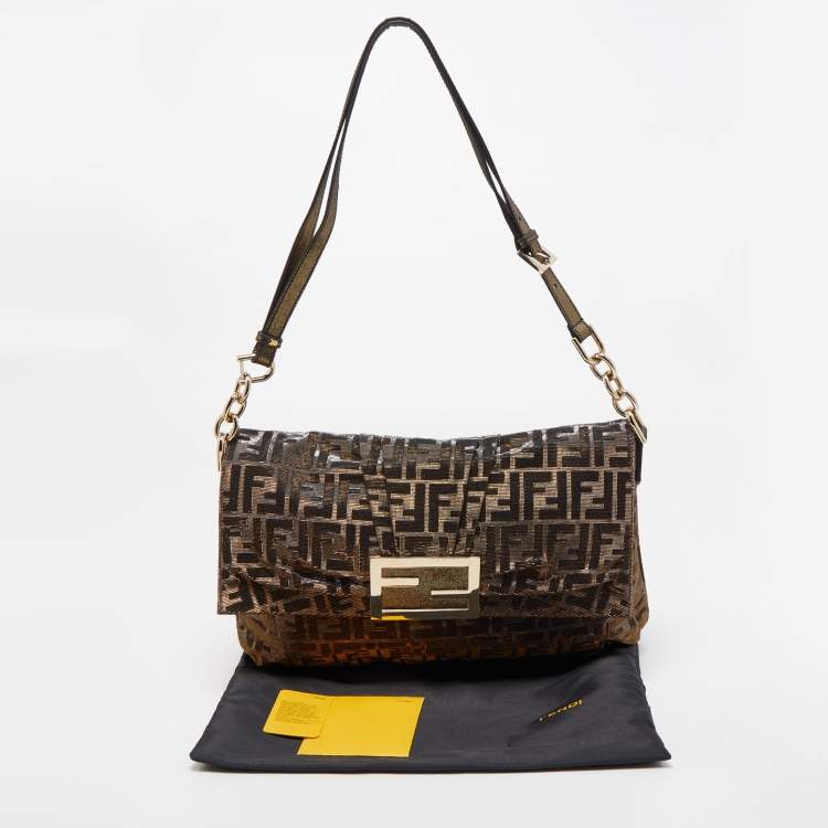 Pre Owned Fendi Gold/Silver Zucca Shimmering Canvas Large Mia Flap Shoulder Bag