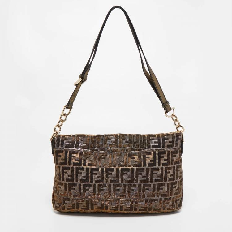 Pre Owned Fendi Gold/Silver Zucca Shimmering Canvas Large Mia Flap Shoulder Bag