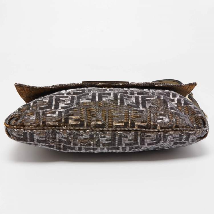 Pre Owned Fendi Gold/Silver Zucca Shimmering Canvas Large Mia Flap Shoulder Bag