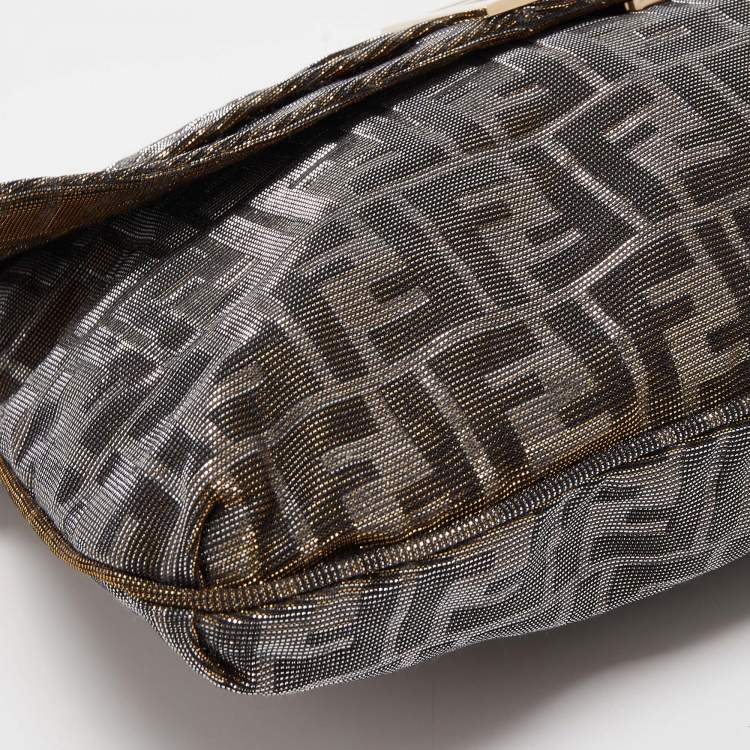 Pre Owned Fendi Gold/Silver Zucca Shimmering Canvas Large Mia Flap Shoulder Bag