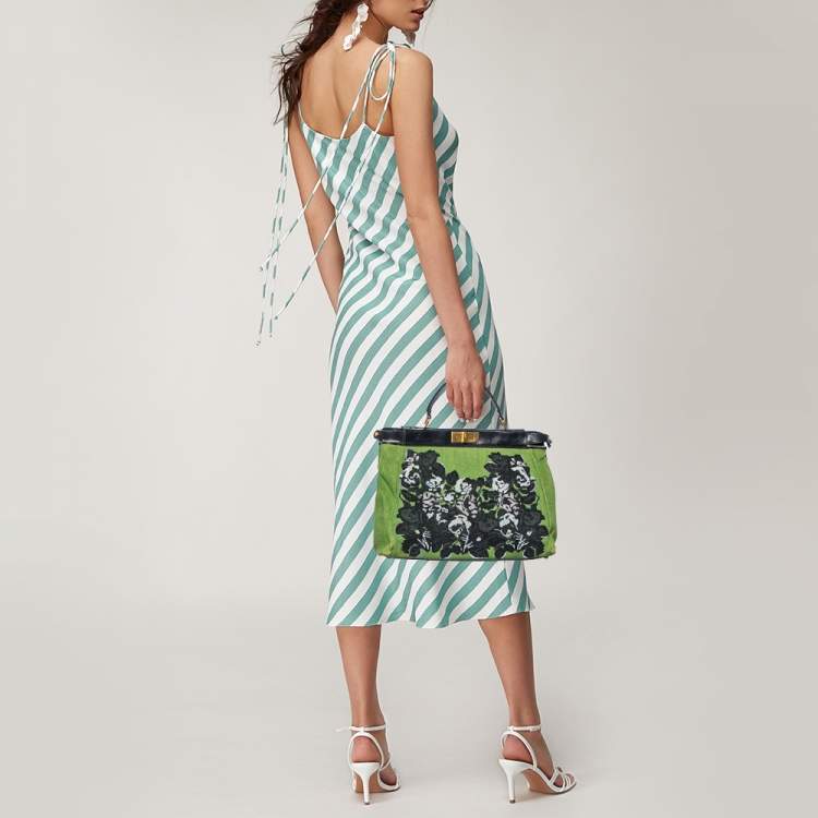 Pre Owned Fendi Green/Black Canvas and Leather, Beaded Large Peekaboo Top Handle Bag
