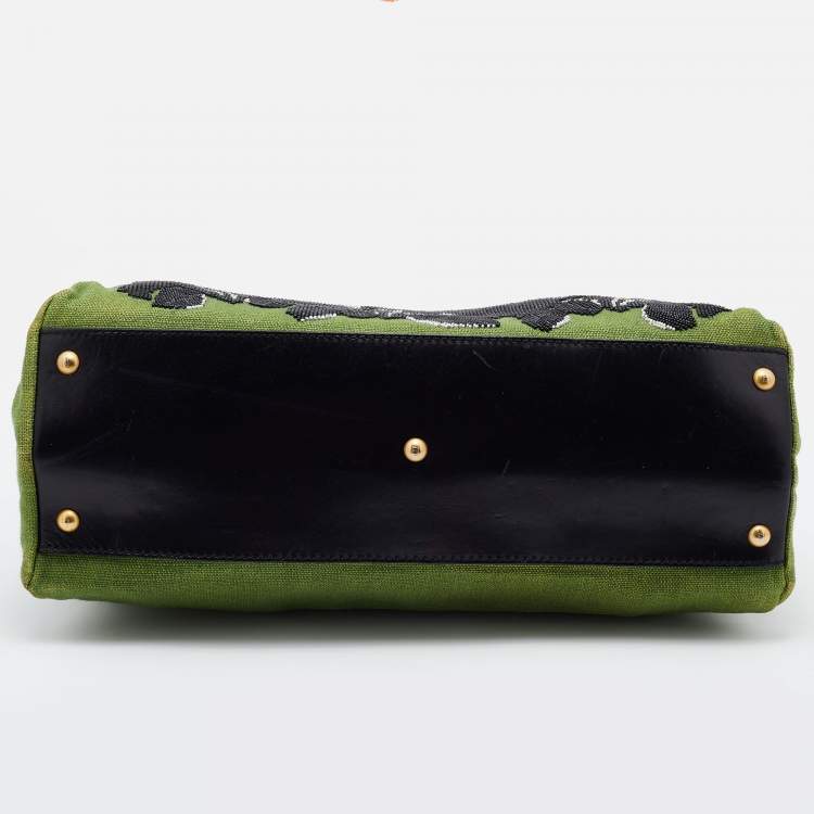Pre Owned Fendi Green/Black Canvas and Leather, Beaded Large Peekaboo Top Handle Bag