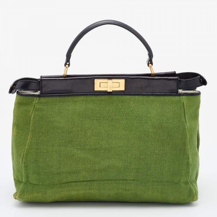 Pre Owned Fendi Green/Black Canvas and Leather, Beaded Large Peekaboo Top Handle Bag