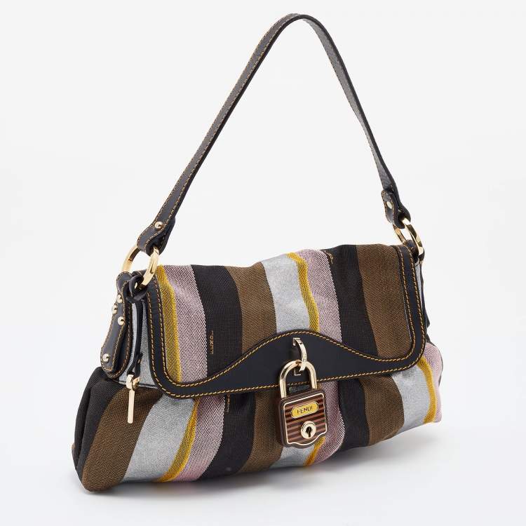 Pre Owned Fendi Multicolor Pequin Canvas and Leather Limited Edition Chef Baguette Bag